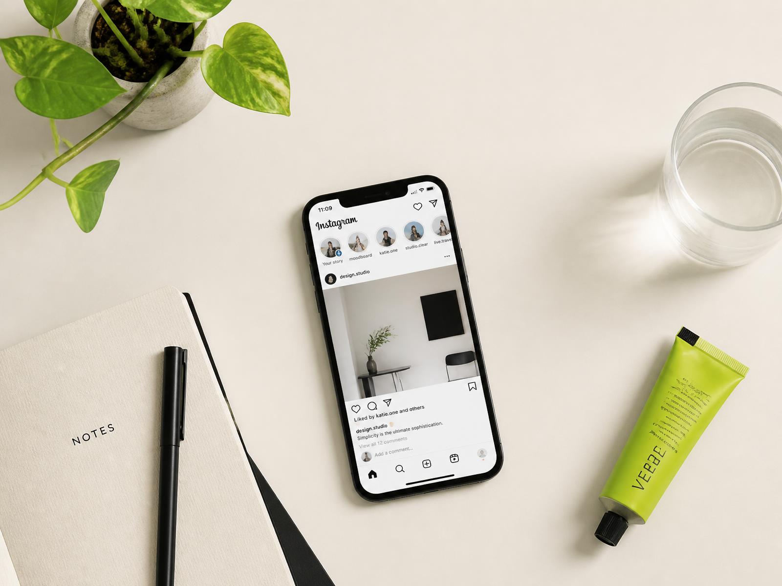 Smartphone mit Social-Media-Feed auf einem hellen, minimalistischen Schreibtisch